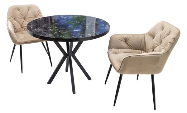 Set masa Hamburg Black Marble cu 2 scaune Tokyo bej, DENVER, picioare metalice negre, forma rotunda, 90x73 cm