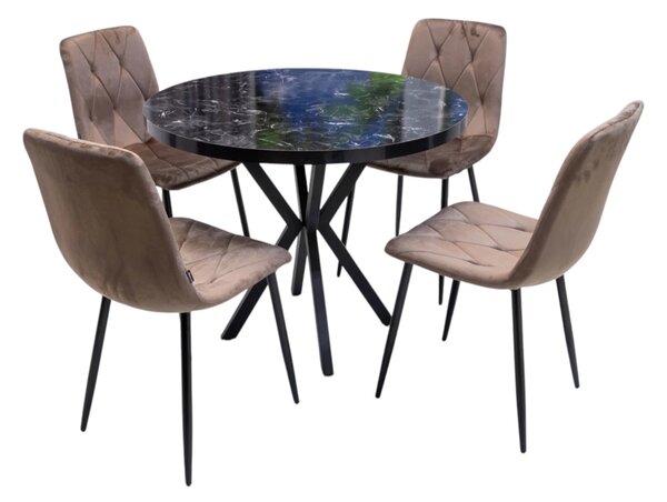 Set masa Hamburg Black Marble cu 4 scaune Kobe maro, DENVER, picioare metalice negre, forma rotunda, 90x73 cm