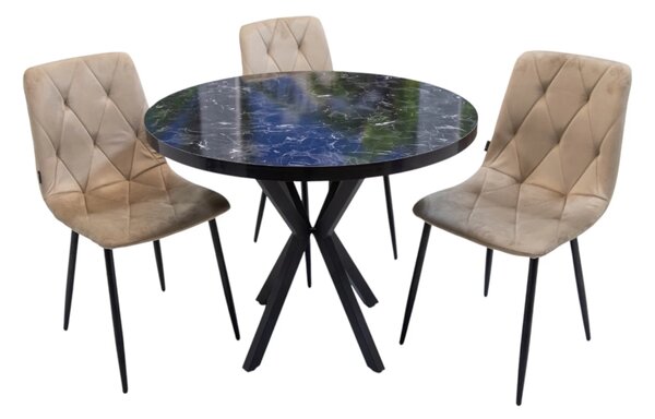 Set masa Hamburg Black Marble cu 3 scaune Kobe bej, DENVER, picioare metalice negre, forma rotunda, 90x73 cm