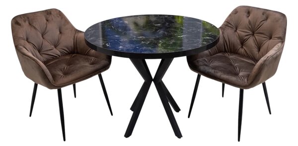 Set masa Hamburg Black Marble cu 2 scaune Tokyo maro, DENVER, picioare metalice negre, forma rotunda, 90x73 cm