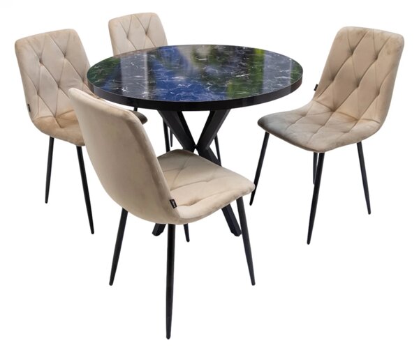 Set masa Hamburg Black Marble cu 4 scaune Kobe bej, DENVER, picioare metalice negre, forma rotunda, 90x73 cm