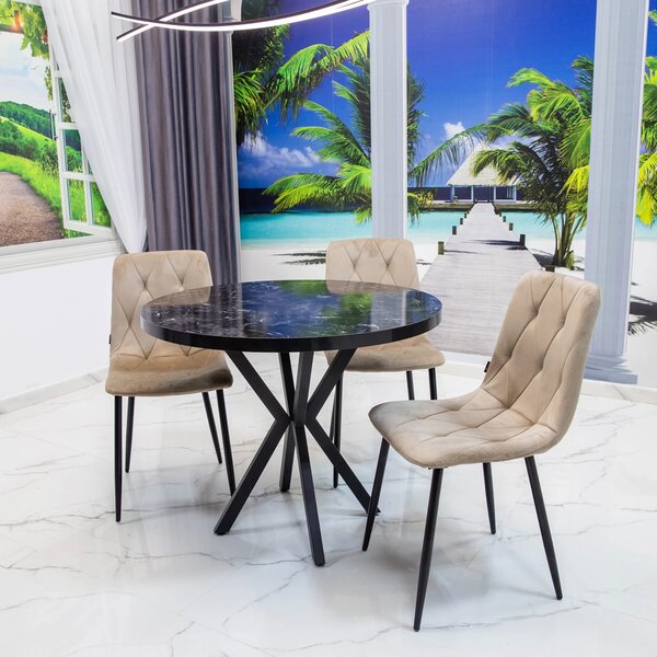 Set masa Hamburg Black Marble cu 3 scaune Kobe bej, DENVER, picioare metalice negre, forma rotunda, 90x73 cm
