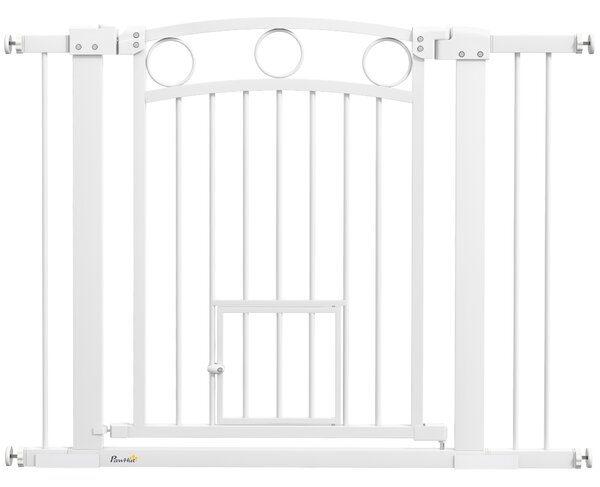 PawHut Barieră de Siguranță Interioară pentru Câini cu 2 Extensii și Ușă pentru Pisici, 76-104x77 cm, Alb | Aosom Romania