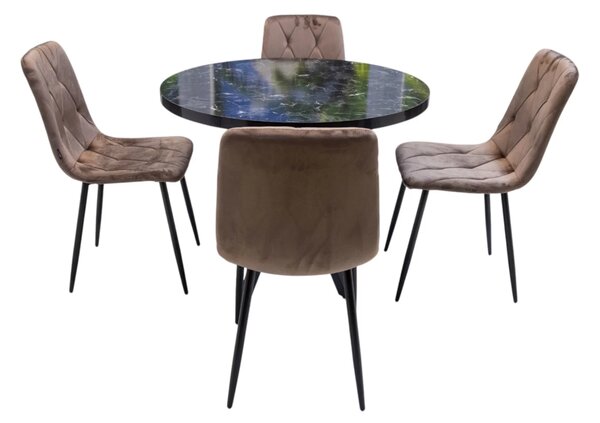 Set masa Hamburg Black Marble cu 4 scaune Kobe maro, DENVER, picioare metalice negre, forma rotunda, 90x73 cm