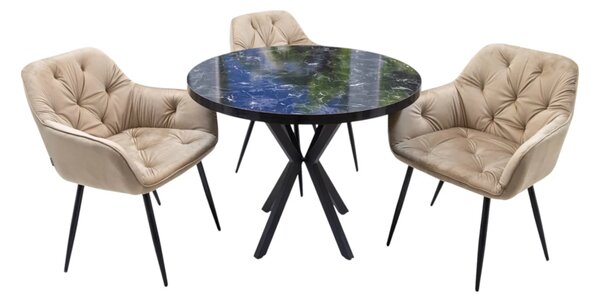 Set masa Hamburg Black Marble cu 3 scaune Tokyo bej, DENVER, picioare metalice negre, forma rotunda, 90x73 cm