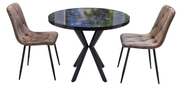 Set masa Hamburg Black Marble cu 2 scaune Kobe maro, DENVER, picioare metalice negre, forma rotunda, 90x73 cm