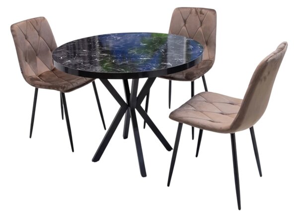 Set masa Hamburg Black Marble cu 3 scaune Kobe maro, DENVER, picioare metalice negre, forma rotunda, 90x73 cm