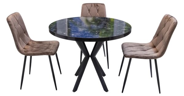Set masa Hamburg Black Marble cu 3 scaune Kobe maro, DENVER, picioare metalice negre, forma rotunda, 90x73 cm