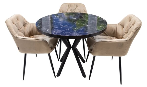 Set masa Hamburg Black Marble cu 3 scaune Tokyo bej, DENVER, picioare metalice negre, forma rotunda, 90x73 cm