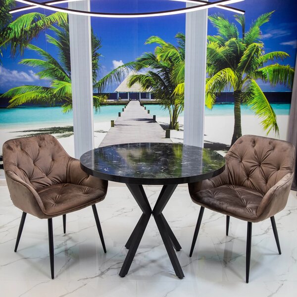 Set masa Hamburg Black Marble cu 2 scaune Tokyo maro, DENVER, picioare metalice negre, forma rotunda, 90x73 cm