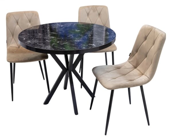 Set masa Hamburg Black Marble cu 3 scaune Kobe bej, DENVER, picioare metalice negre, forma rotunda, 90x73 cm