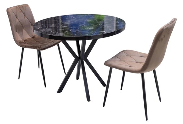 Set masa Hamburg Black Marble cu 2 scaune Kobe maro, DENVER, picioare metalice negre, forma rotunda, 90x73 cm