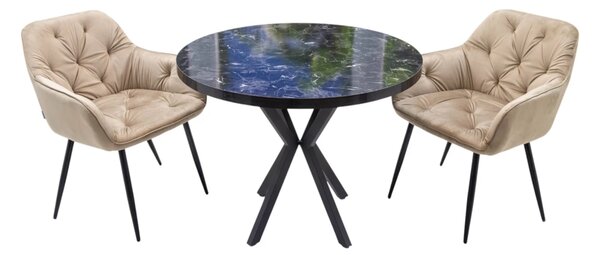 Set masa Hamburg Black Marble cu 2 scaune Tokyo bej, DENVER, picioare metalice negre, forma rotunda, 90x73 cm