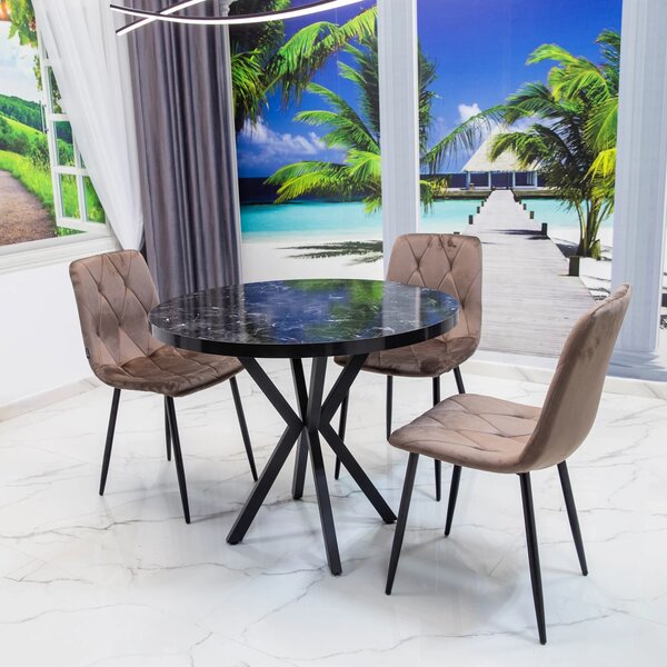 Set masa Hamburg Black Marble cu 3 scaune Kobe maro, DENVER, picioare metalice negre, forma rotunda, 90x73 cm