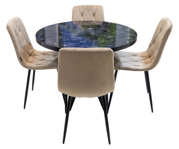 Set masa Hamburg Black Marble cu 4 scaune Kobe bej, DENVER, picioare metalice negre, forma rotunda, 90x73 cm