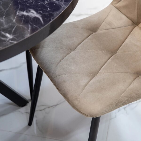 Set masa Hamburg Black Marble cu 3 scaune Kobe bej, DENVER, picioare metalice negre, forma rotunda, 90x73 cm