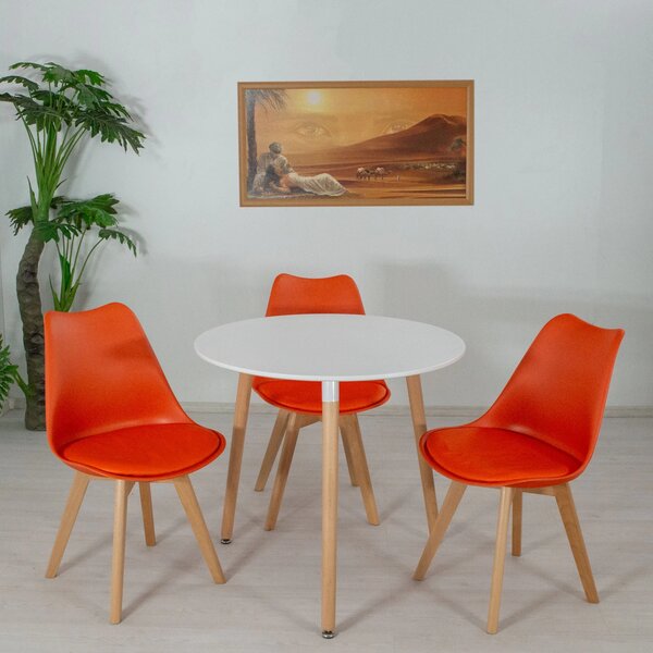 Set masa Salzburg alba cu 3 scaune Stockholm portocaliu, DENVER, blat MDF alb, forma rotunda, 80x74 cm