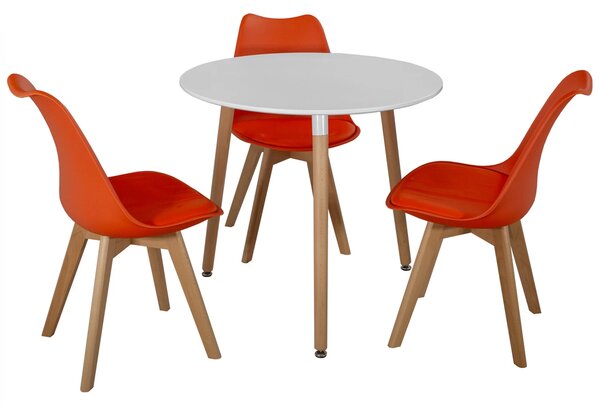 Set masa Salzburg alba cu 3 scaune Stockholm portocaliu, DENVER, blat MDF alb, forma rotunda, 80x74 cm