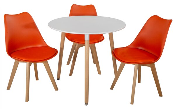 Set masa Salzburg alba cu 3 scaune Stockholm portocaliu, DENVER, blat MDF alb, forma rotunda, 80x74 cm