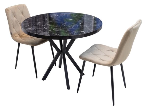 Set masa Hamburg Black Marble cu 2 scaune Kobe bej, DENVER, picioare metalice negre, forma rotunda, 90x73 cm