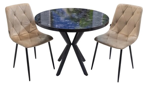 Set masa Hamburg Black Marble cu 2 scaune Kobe bej, DENVER, picioare metalice negre, forma rotunda, 90x73 cm