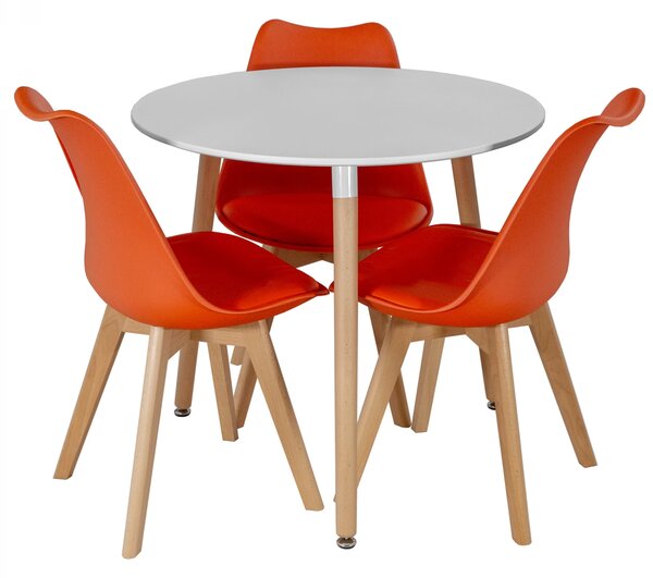 Set masa Salzburg alba cu 3 scaune Stockholm portocaliu, DENVER, blat MDF alb, forma rotunda, 80x74 cm