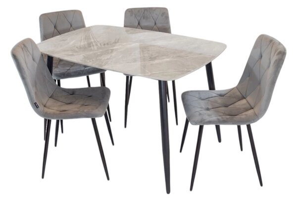Set masa Viena gri cu 4 scaune Kobe gri, DENVER, blat ceramica, picioare negre, 120x80 cm