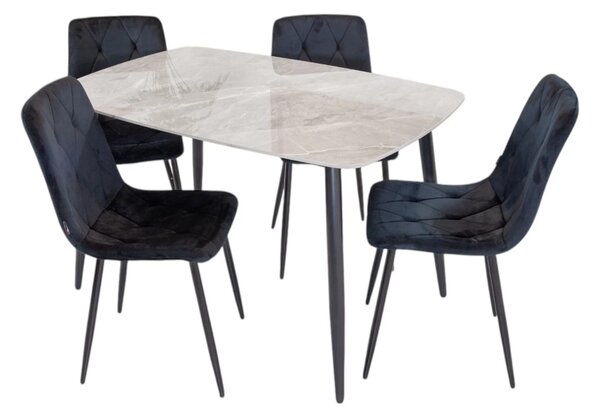 Set masa Viena gri cu 4 scaune Kobe negru, DENVER, blat ceramica, picioare negre, 120x80 cm