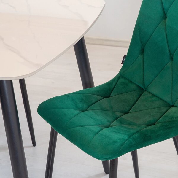 Set masa Viena alba cu 4 scaune Kobe verde, DENVER, blat ceramica, picioare negre, 120x80 cm