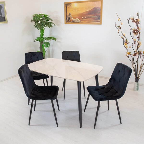 Set masa Viena alba cu 4 scaune Kobe negru, DENVER, blat ceramica, picioare negre, 120x80 cm