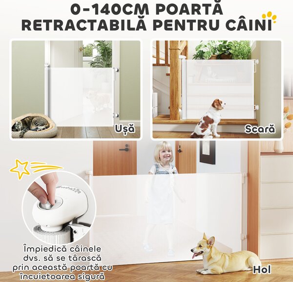 Poartă Retractabilă PawHut 140cm Albă | Aosom Romania