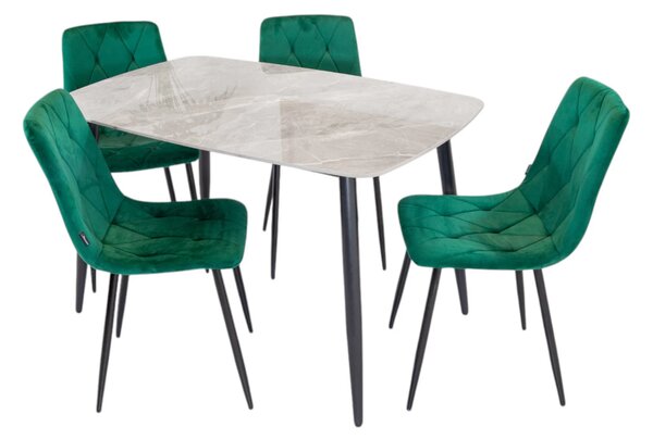 Set masa Viena gri cu 4 scaune Kobe verde, DENVER, blat ceramica, picioare negre, 120x80 cm