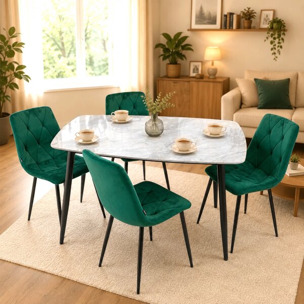Set masa Viena gri cu 4 scaune Kobe verde, DENVER, blat ceramica, picioare negre, 120x80 cm