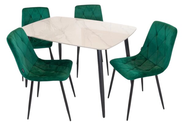 Set masa Viena alba cu 4 scaune Kobe verde, DENVER, blat ceramica, picioare negre, 120x80 cm