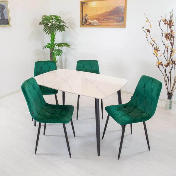 Set masa Viena alba cu 4 scaune Kobe verde, DENVER, blat ceramica, picioare negre, 120x80 cm