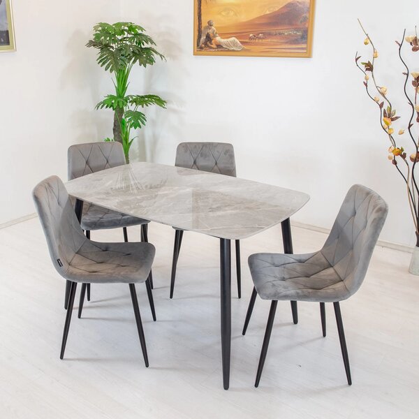 Set masa Viena gri cu 4 scaune Kobe gri, DENVER, blat ceramica, picioare negre, 120x80 cm