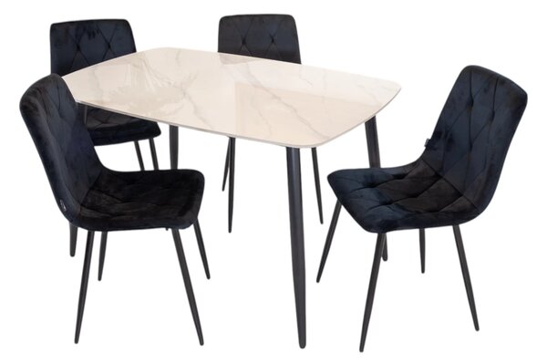 Set masa Viena alba cu 4 scaune Kobe negru, DENVER, blat ceramica, picioare negre, 120x80 cm