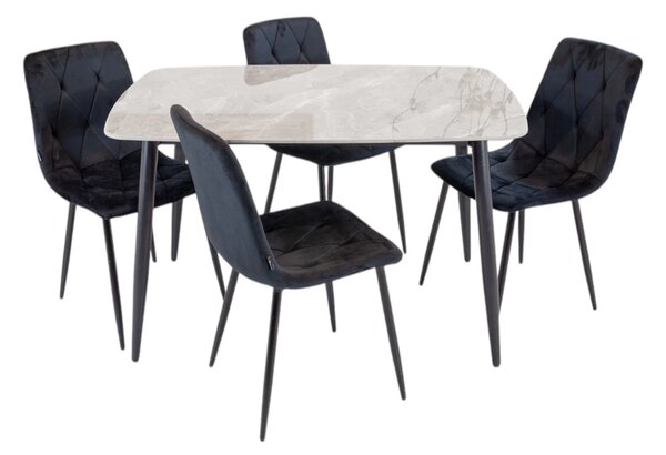Set masa Viena gri cu 4 scaune Kobe negru, DENVER, blat ceramica, picioare negre, 120x80 cm