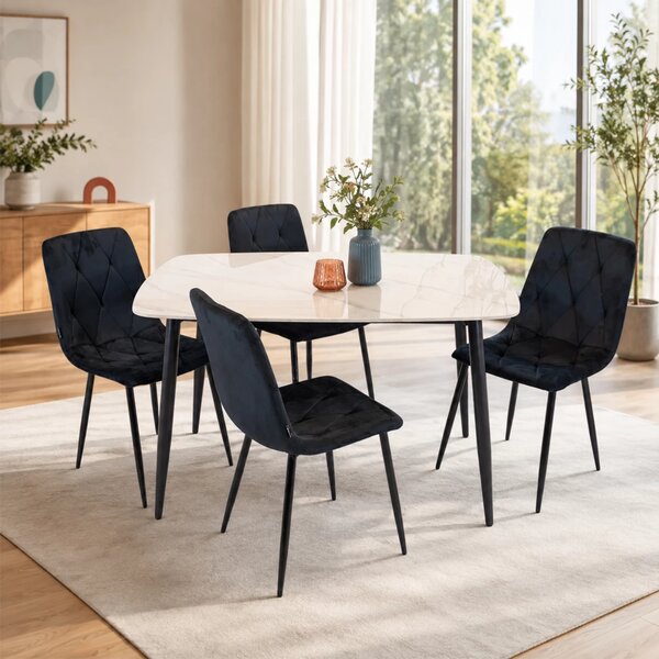 Set masa Viena alba cu 4 scaune Kobe negru, DENVER, blat ceramica, picioare negre, 120x80 cm