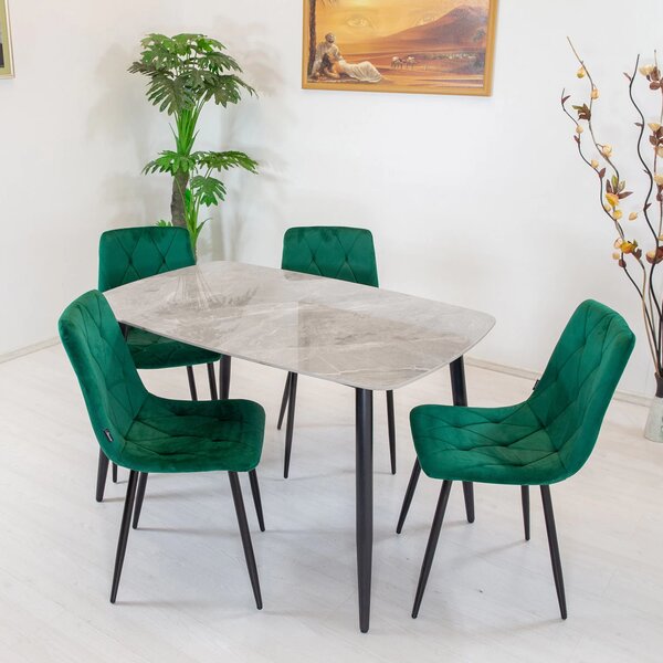 Set masa Viena gri cu 4 scaune Kobe verde, DENVER, blat ceramica, picioare negre, 120x80 cm