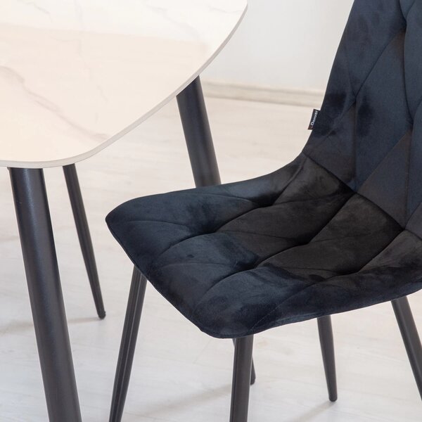 Set masa Viena alba cu 4 scaune Kobe negru, DENVER, blat ceramica, picioare negre, 120x80 cm