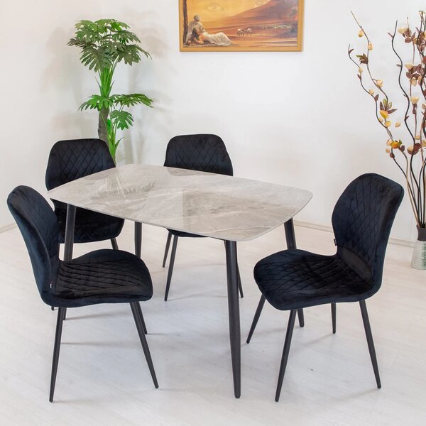 Set masa Viena gri cu 4 scaune Goteborg negru, DENVER, blat ceramica, picioare negre, 120x80 cm
