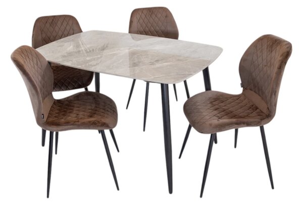 Set masa Viena gri cu 4 scaune Goteborg maro, DENVER, blat ceramica, picioare negre, 120x80 cm