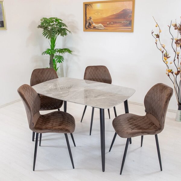 Set masa Viena gri cu 4 scaune Goteborg maro, DENVER, blat ceramica, picioare negre, 120x80 cm
