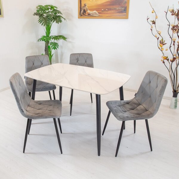 Set masa Viena alba cu 4 scaune Kobe gri, DENVER, blat ceramica, picioare negre, 120x80 cm