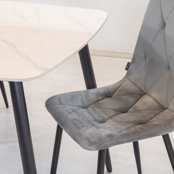 Set masa Viena alba cu 4 scaune Kobe gri, DENVER, blat ceramica, picioare negre, 120x80 cm