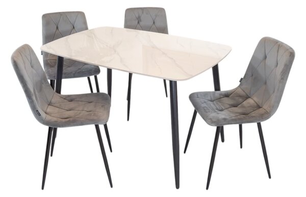 Set masa Viena alba cu 4 scaune Kobe gri, DENVER, blat ceramica, picioare negre, 120x80 cm