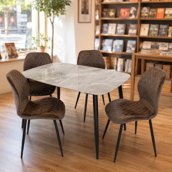 Set masa Viena gri cu 4 scaune Goteborg maro, DENVER, blat ceramica, picioare negre, 120x80 cm