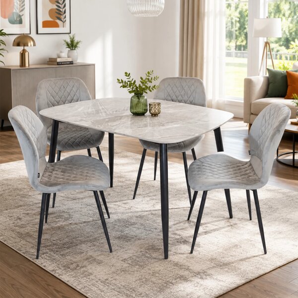 Set masa Viena gri cu 4 scaune Goteborg gri, DENVER, blat ceramica, picioare negre, 120x80 cm