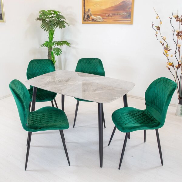 Set masa Viena gri cu 4 scaune Goteborg verde, DENVER, blat ceramica, picioare negre, 120x80 cm